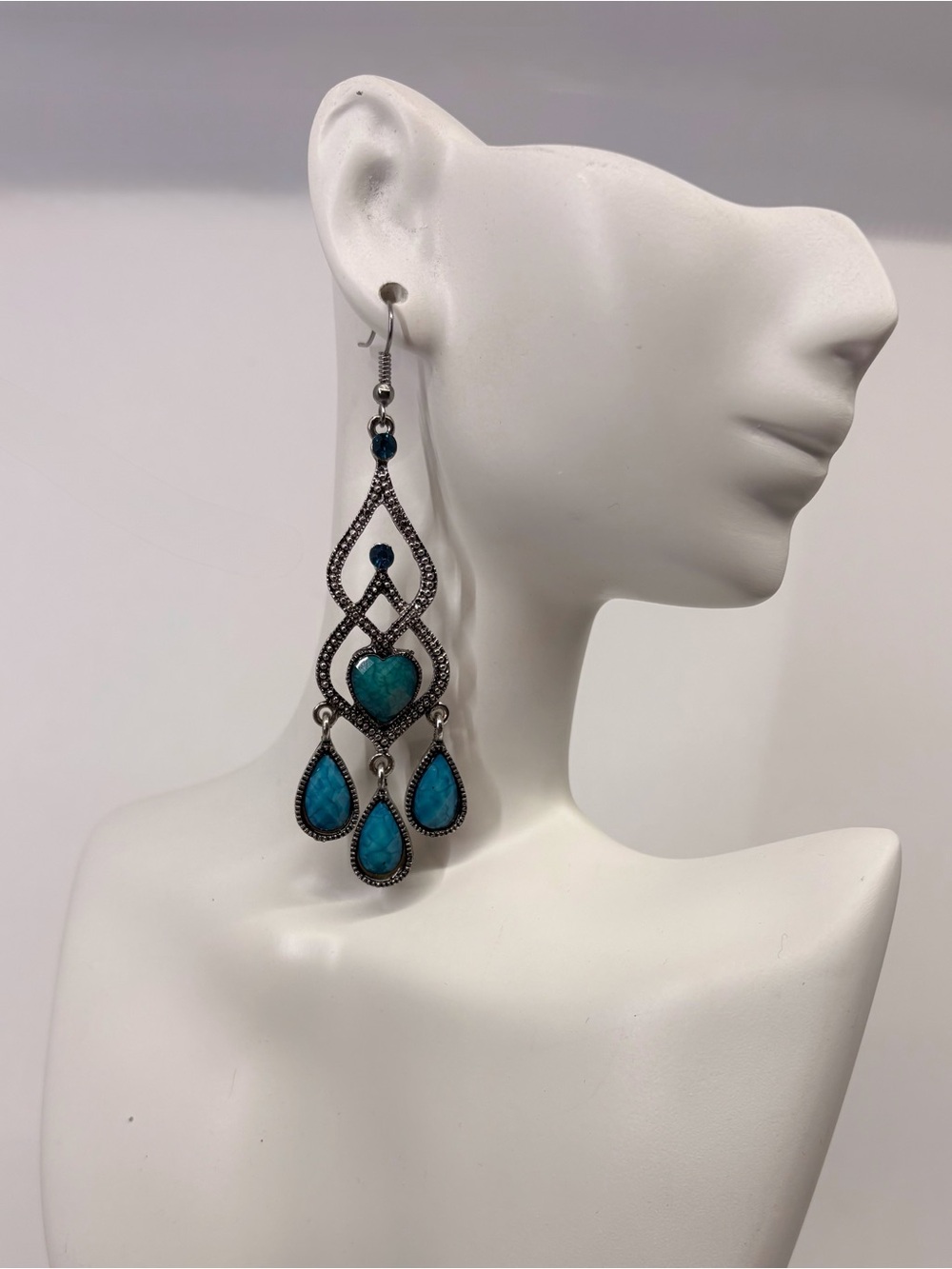 Turquoise Heart & Teardrop Chandelier Earrings - Women Jewelry